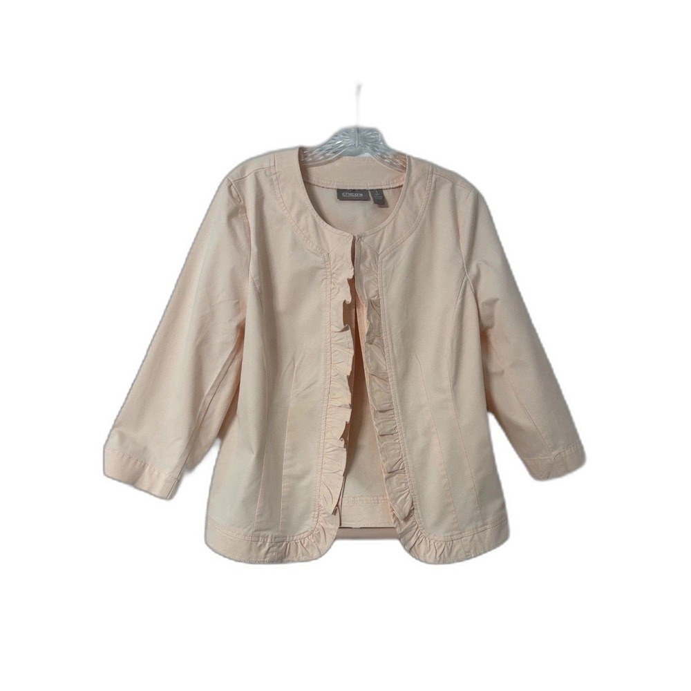 Chico's Jacket Size 1 Peach Pink Ruffle Trim Open Front 3/4 Sleeve Twill Blazer - Picture 2 of 11
